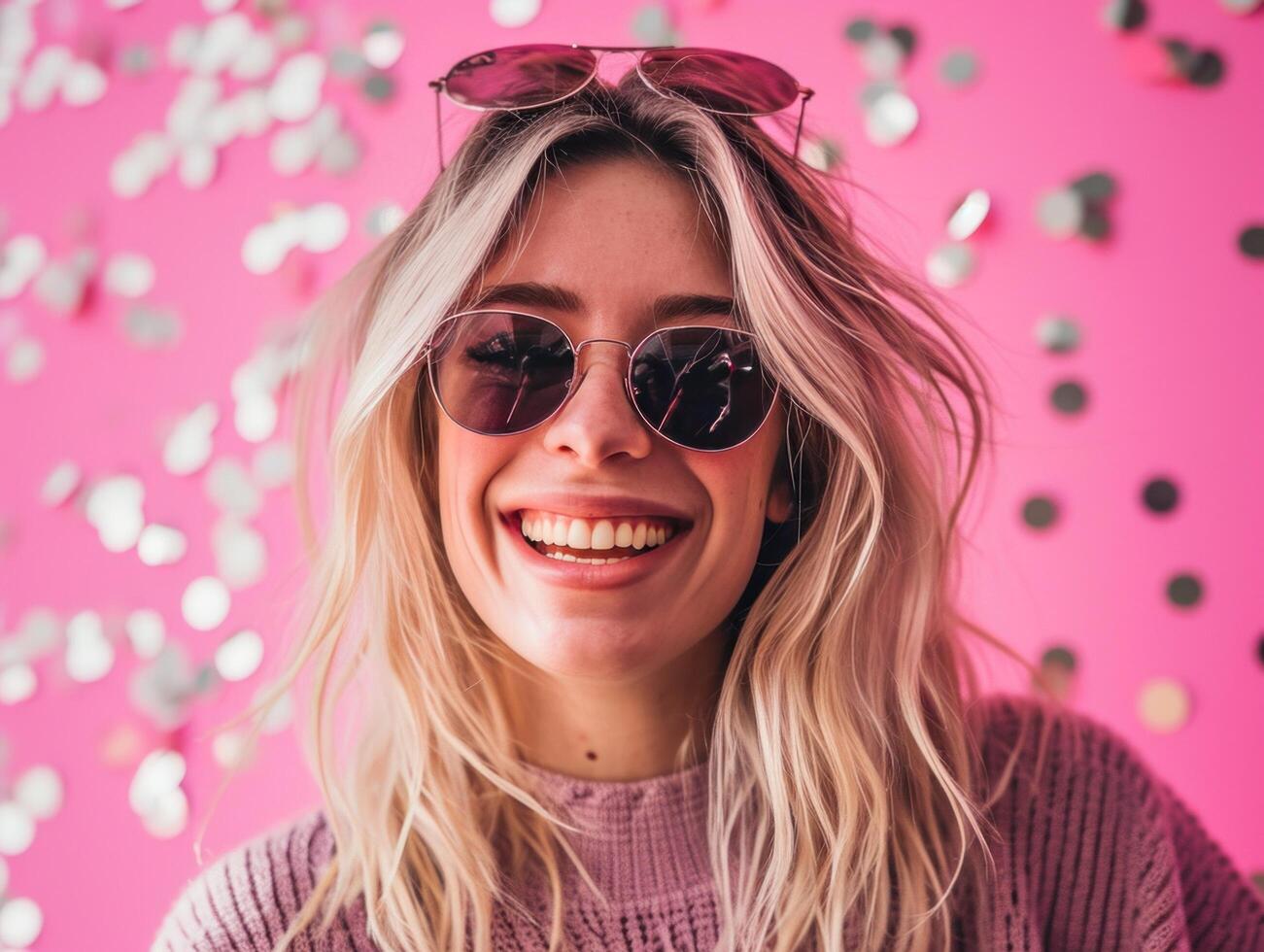 ai generado sonriente rubia mujer con Gafas de sol en rosado antecedentes foto