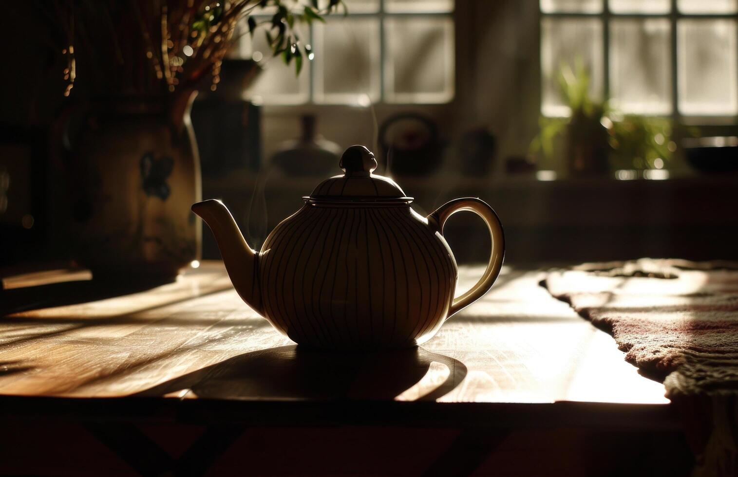 AI generated teapot over a table in the sunlight photo