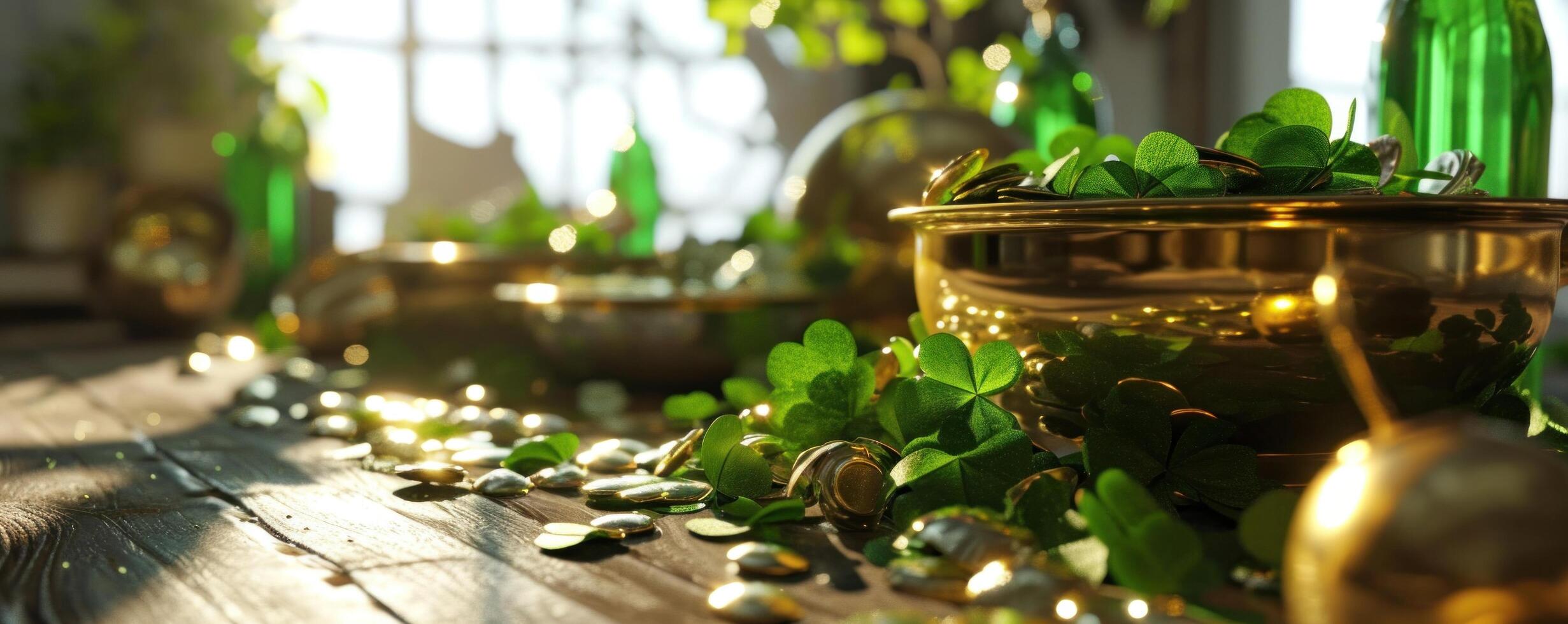 AI generated green container with clover on top of green coins photo