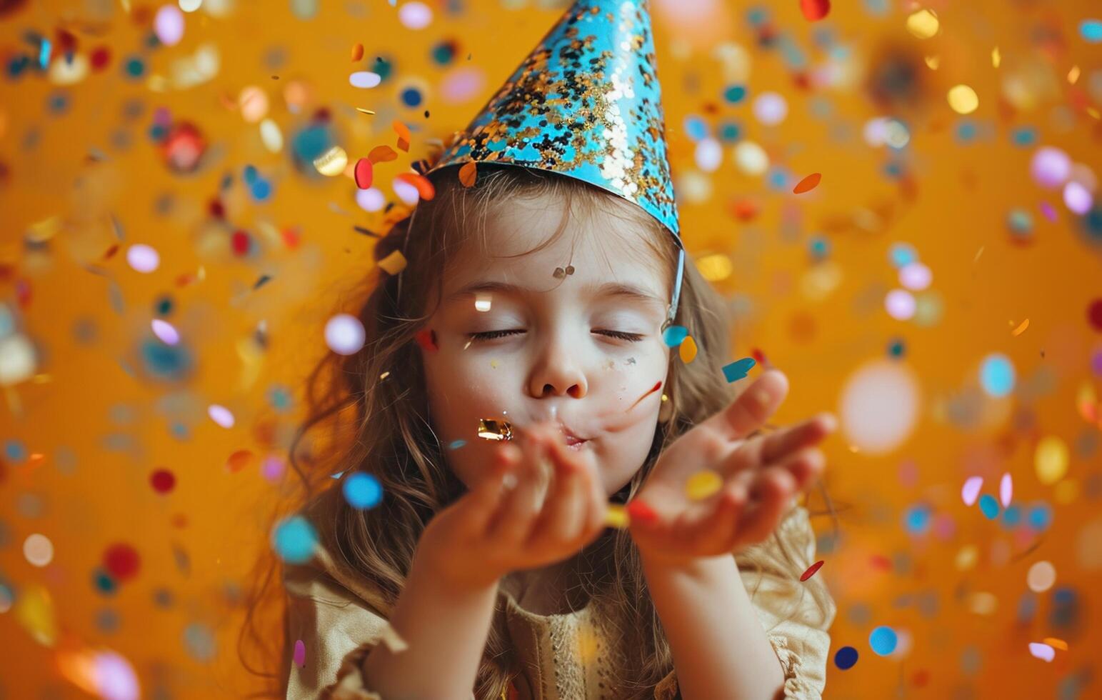 AI generated little girl blowing confetti with happy birthday party hat photo