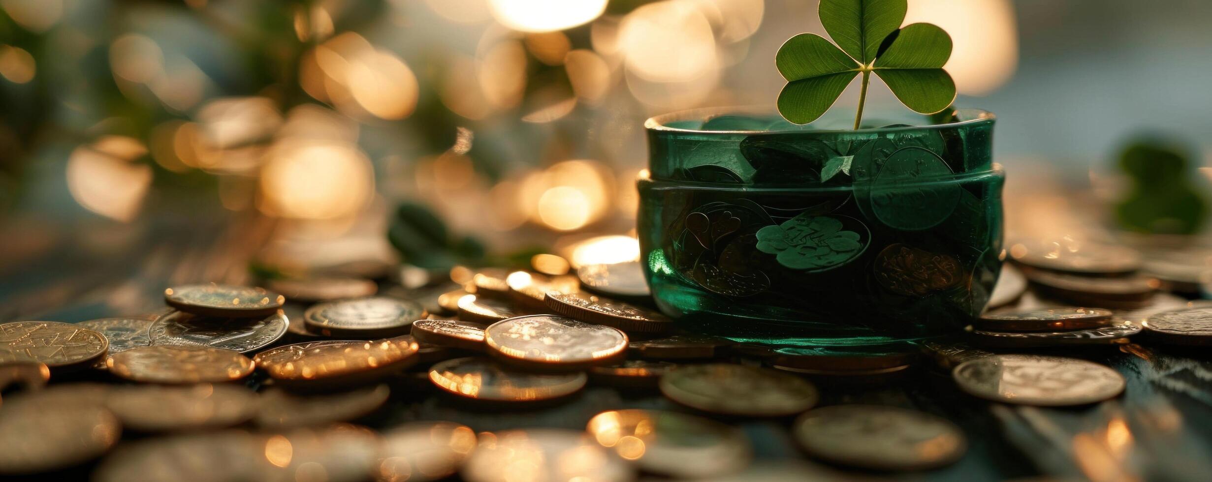 AI generated green container with clover on top of green coins photo