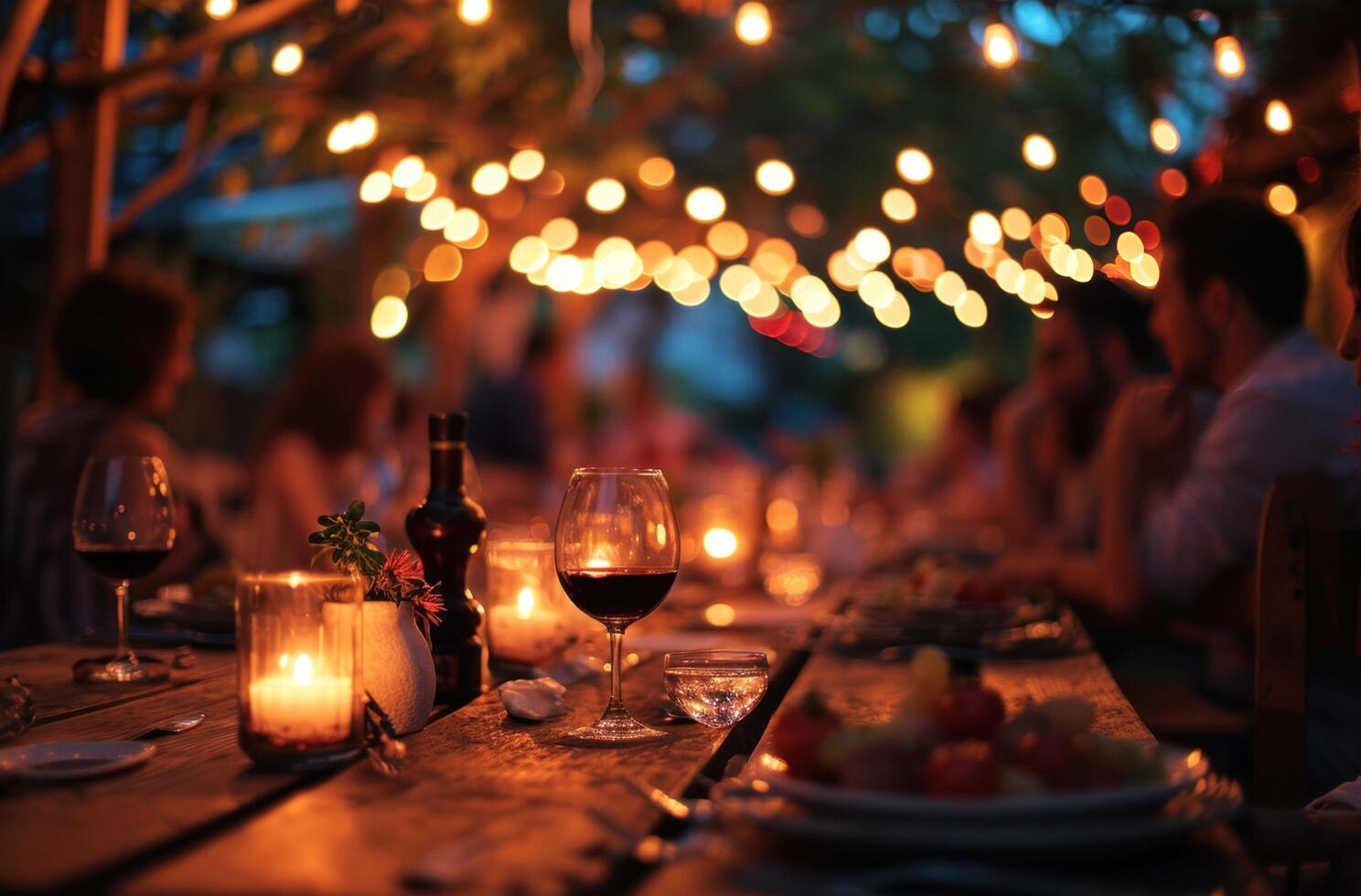 AI generated people are at a dinner under string lights photo