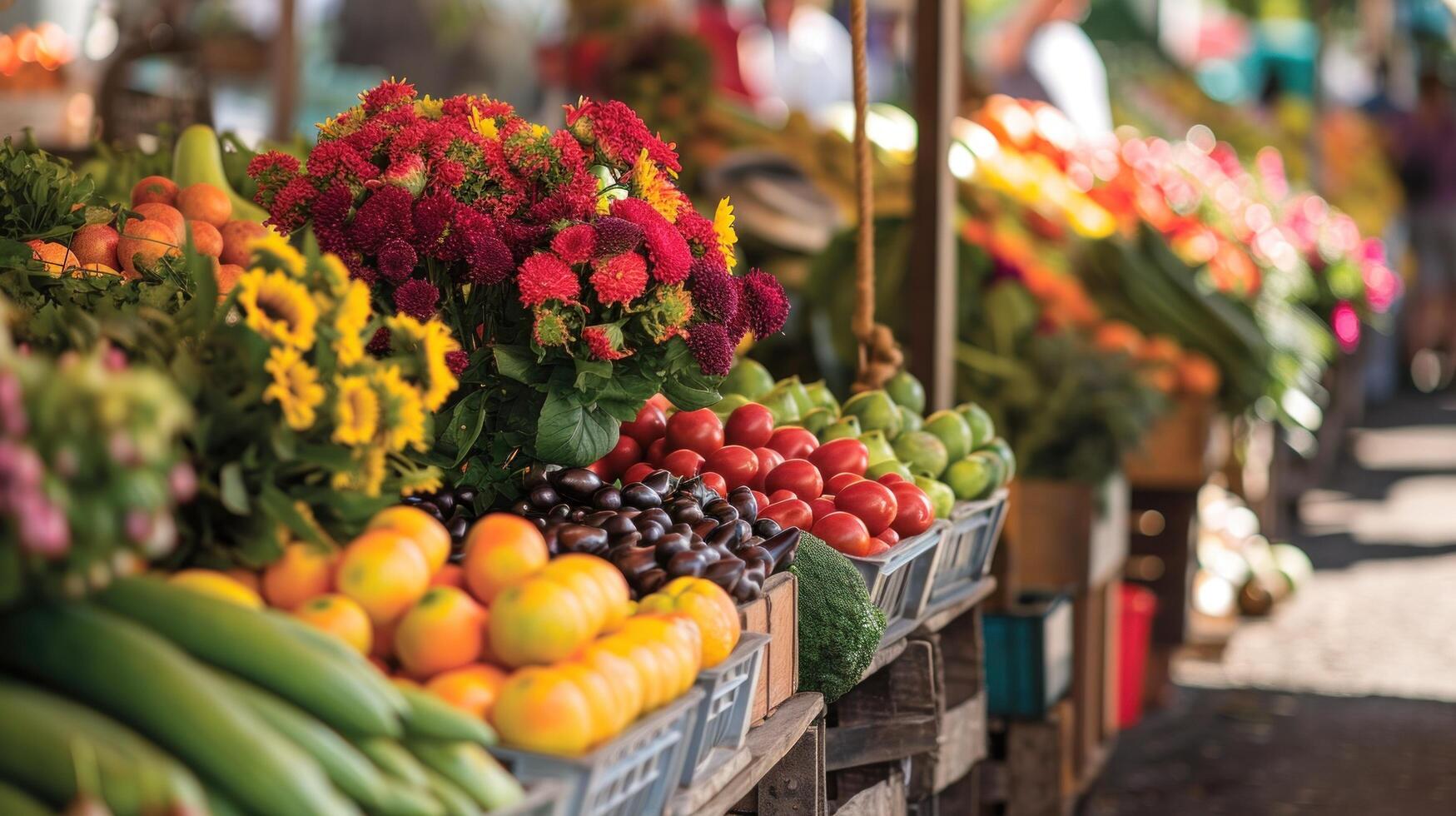 AI generated springtime market filled with fresh produce, flowers photo