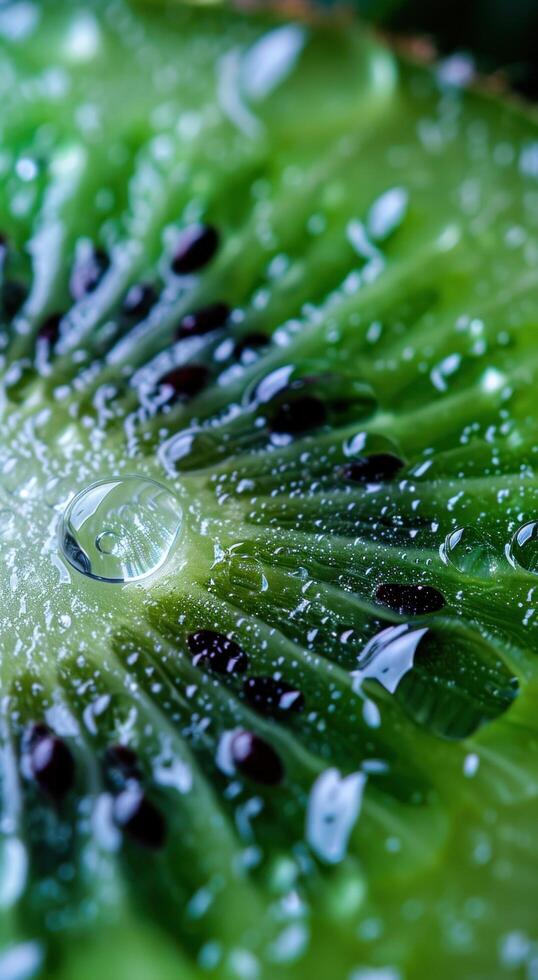 ai generado agua gotas espectáculo en un kiwi rebanada foto