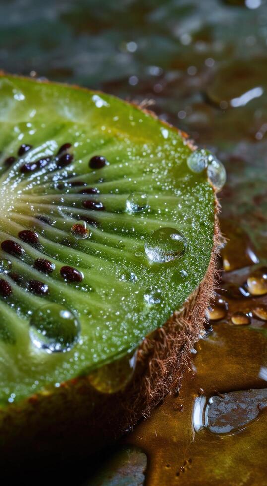 ai generado agua gotas espectáculo en un kiwi rebanada foto