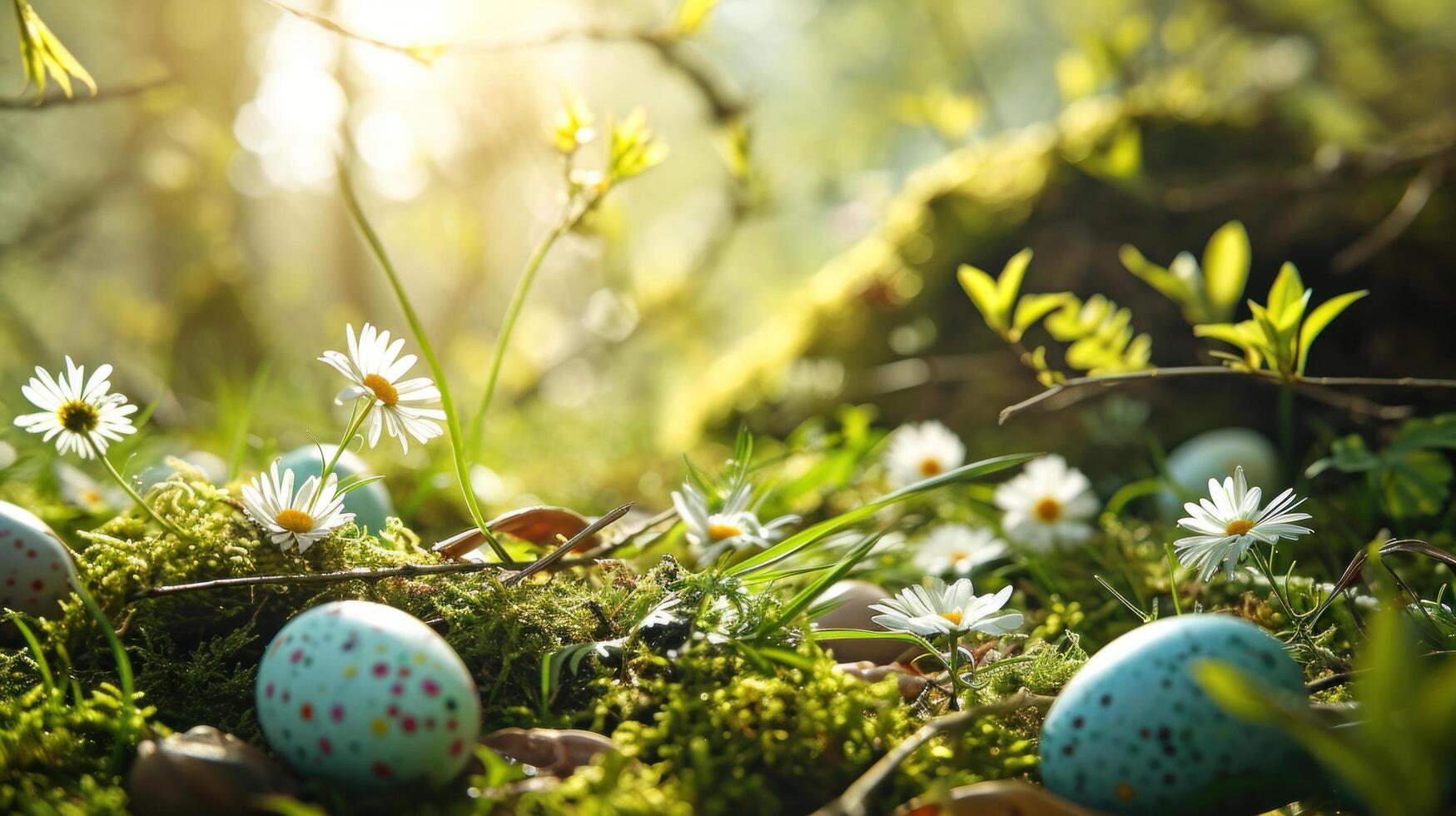 AI generated Easter-themed elements. The lush greenery, blossoming flowers, and scattered eggs photo