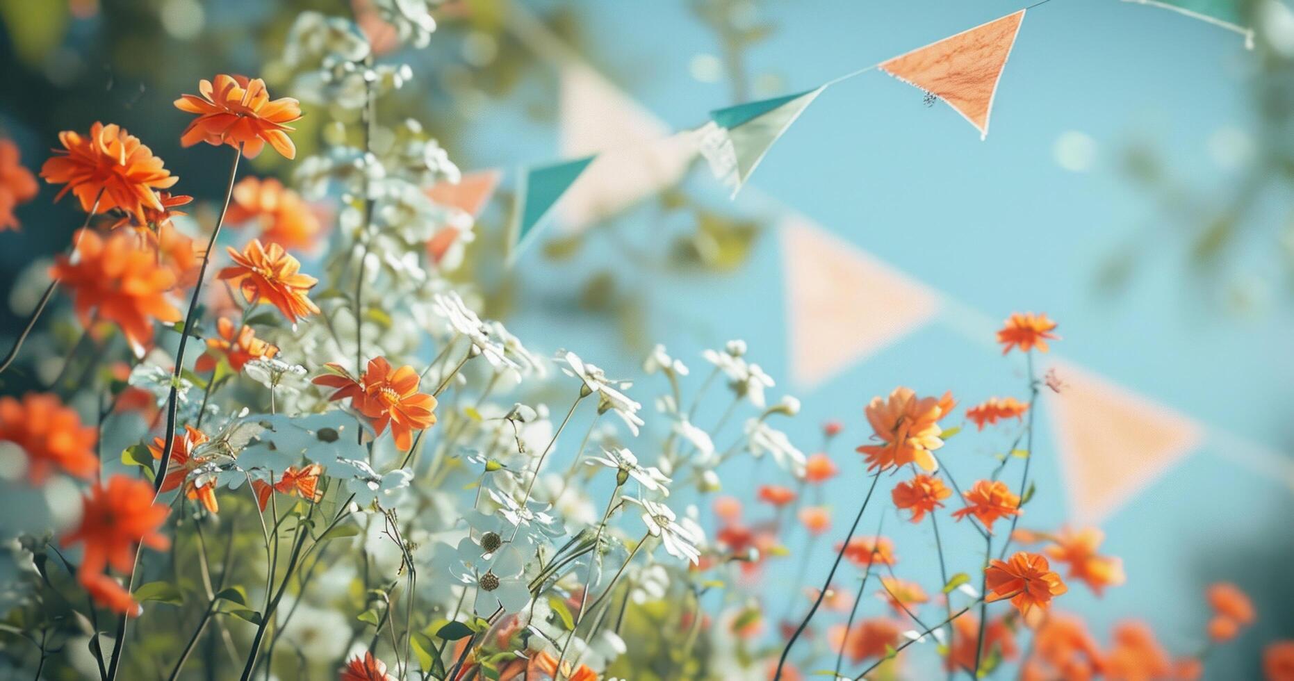 AI generated white and blue bunting with bright coloured flowers in them photo