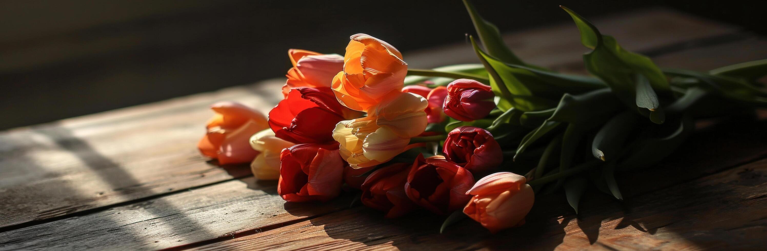 AI generated tulip bouquet sitting on table at dark background photo