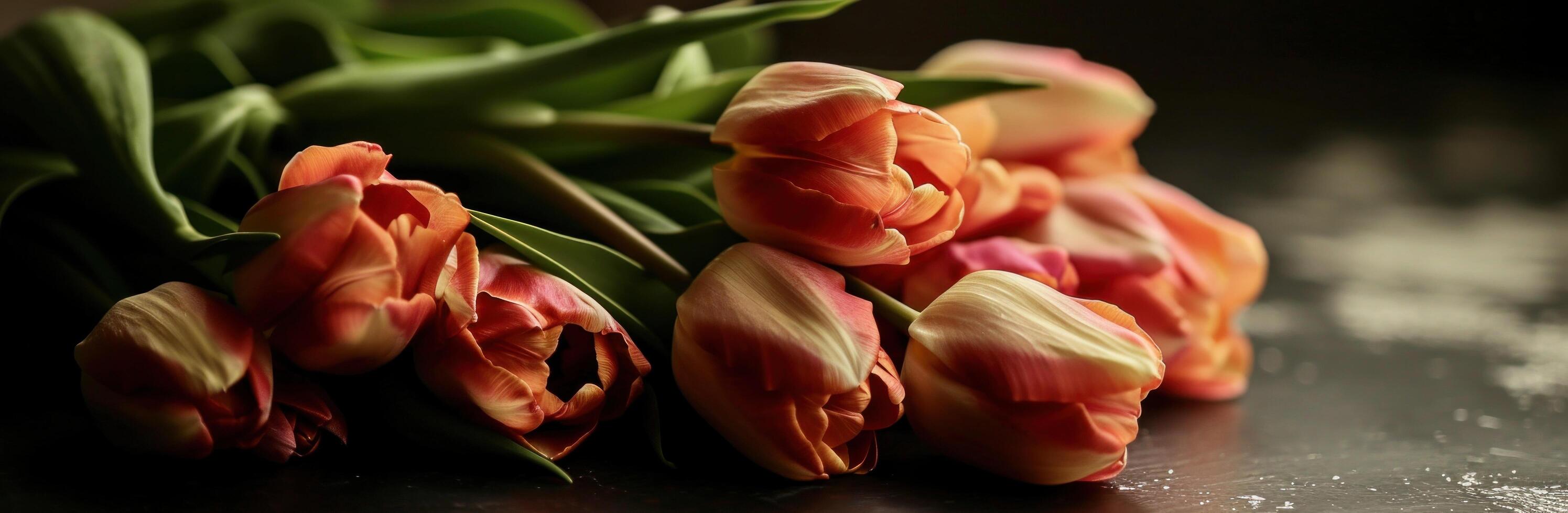 AI generated tulip bouquet sitting on table at dark background photo