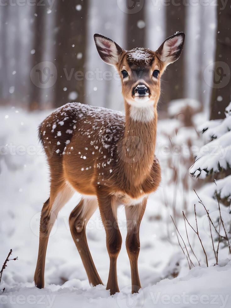 AI generated Cute Baby Deer With Snow Background photo