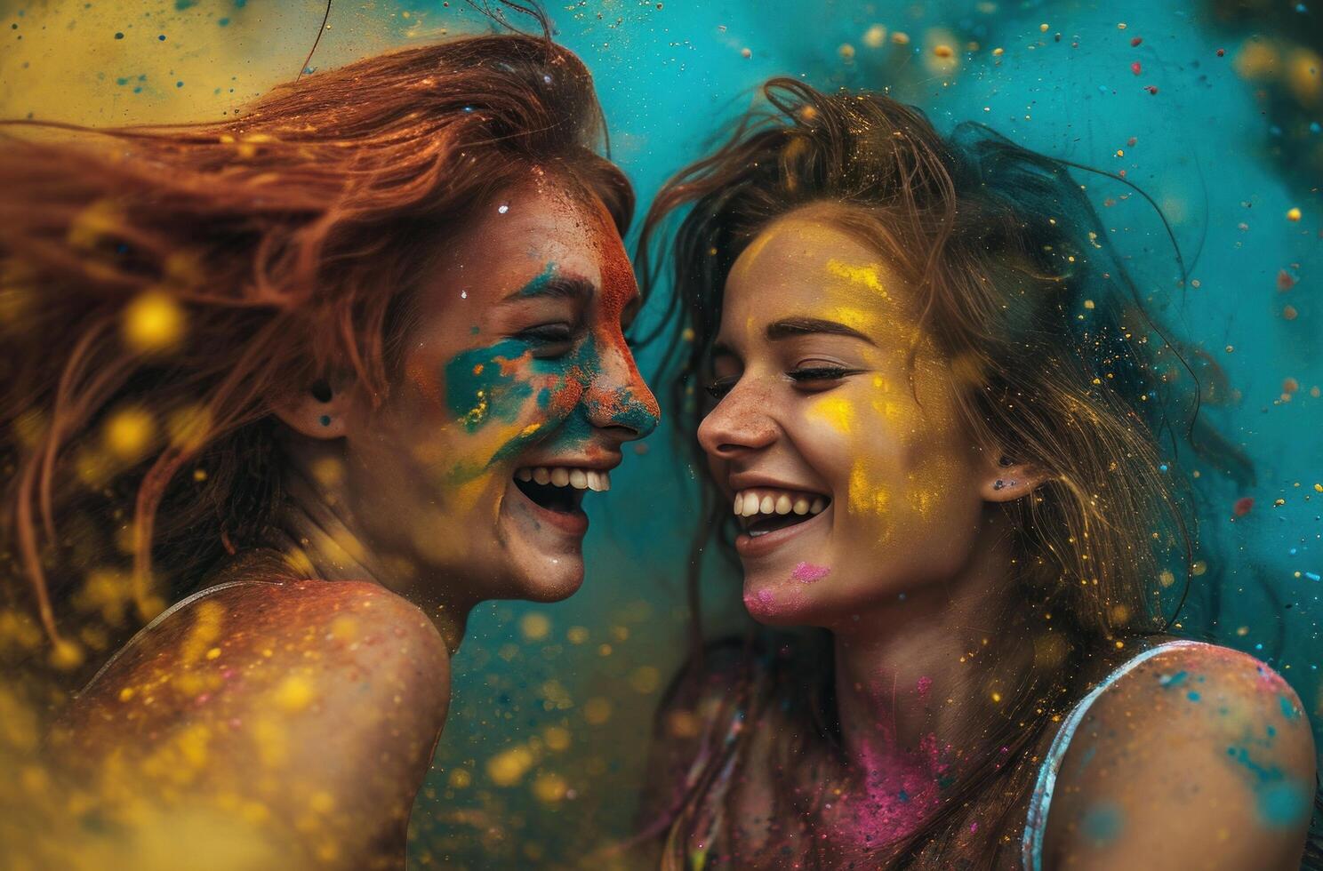 AI generated two smiling young women colorful powder blowing in the air photo