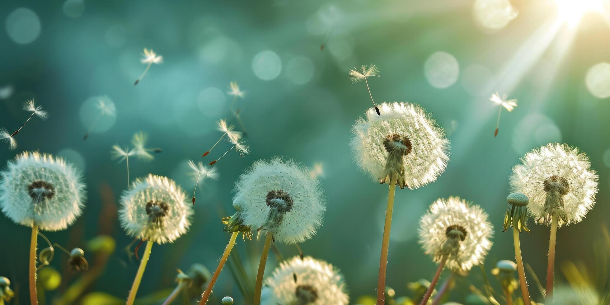 AI generated white dandelions are flying in the air on a green background photo