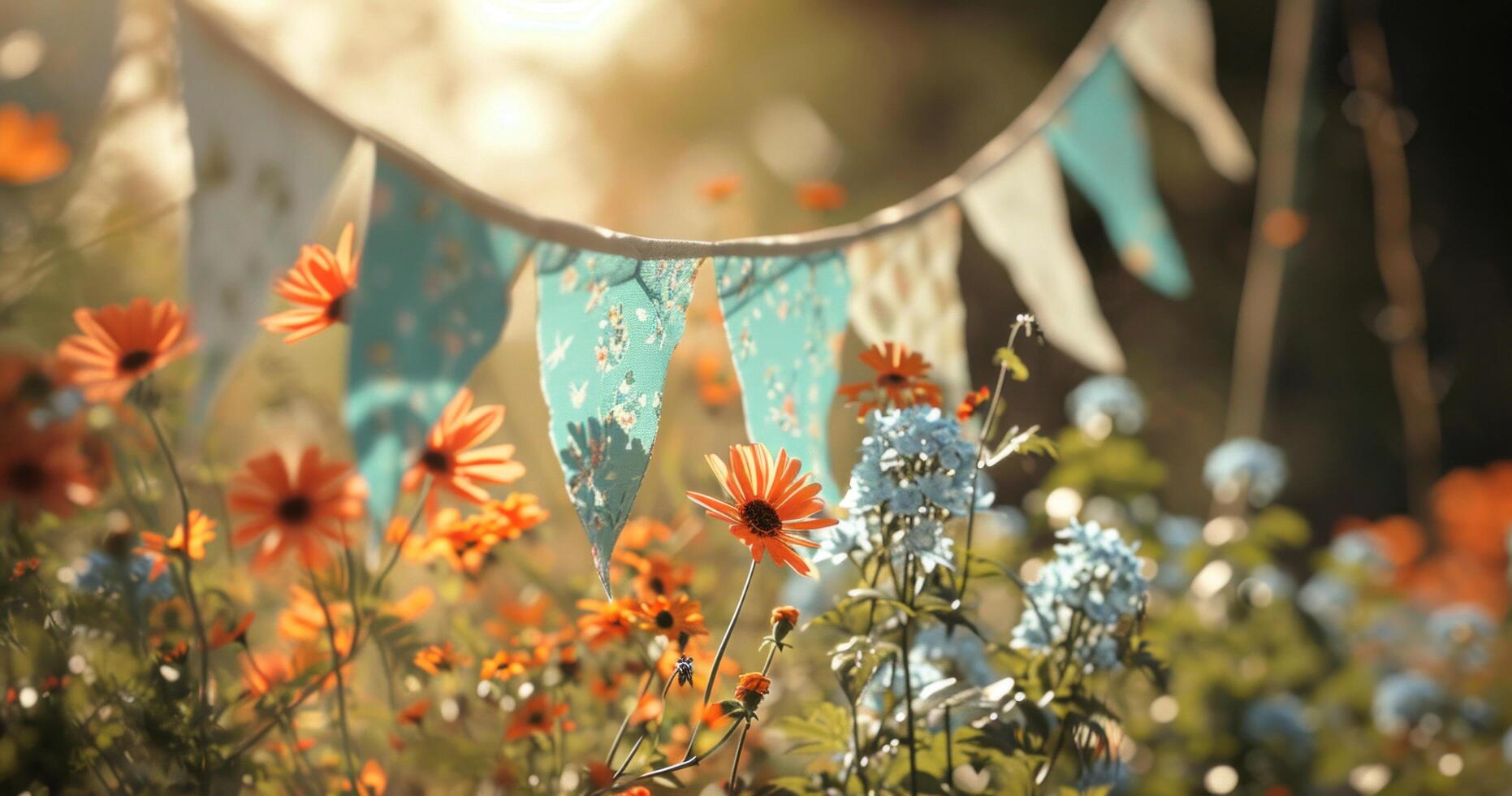 AI generated white and blue bunting with bright coloured flowers in them photo