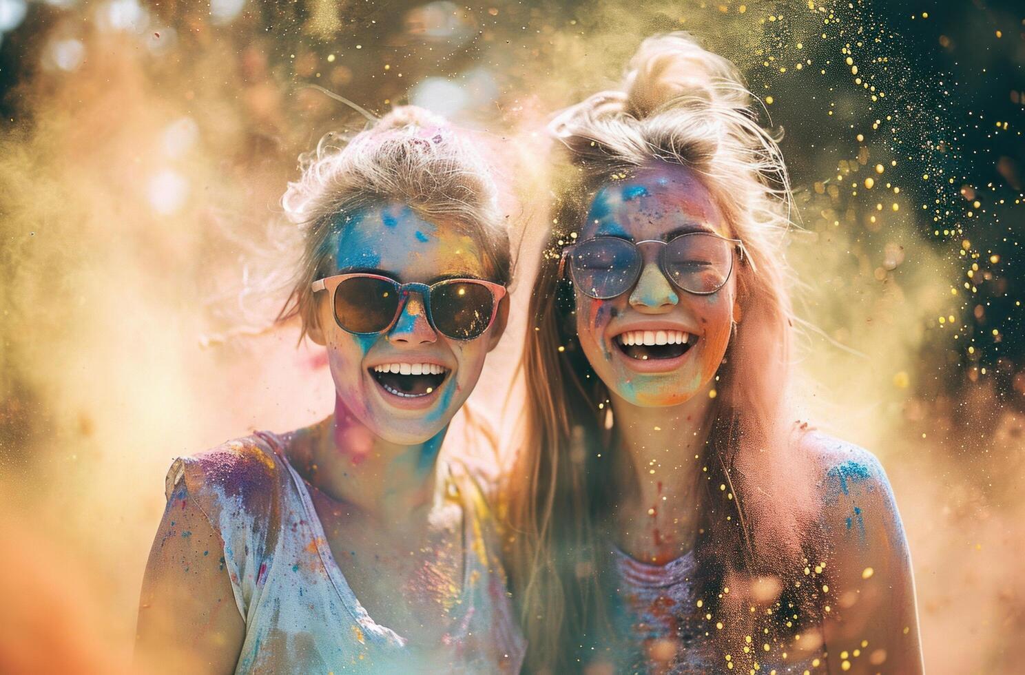 AI generated two smiling young women colorful powder blowing in the air photo