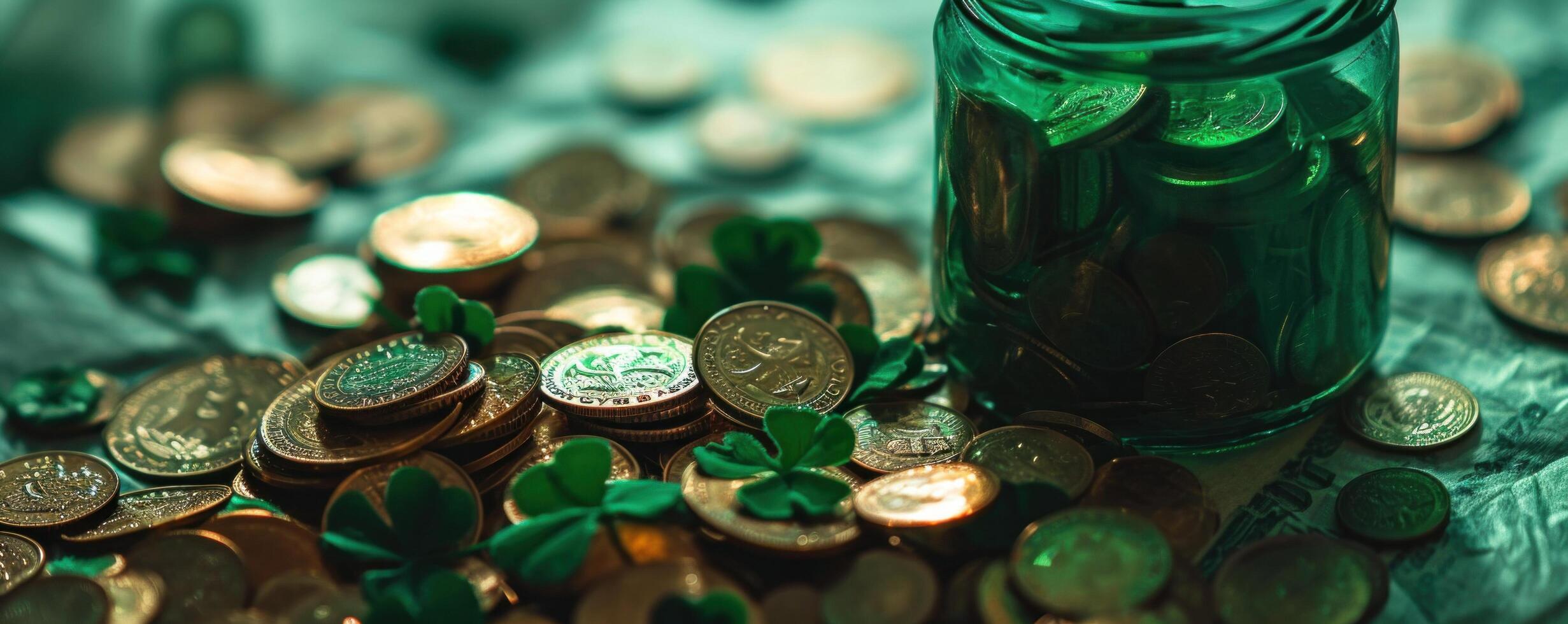 AI generated green container with clover on top of green coins photo