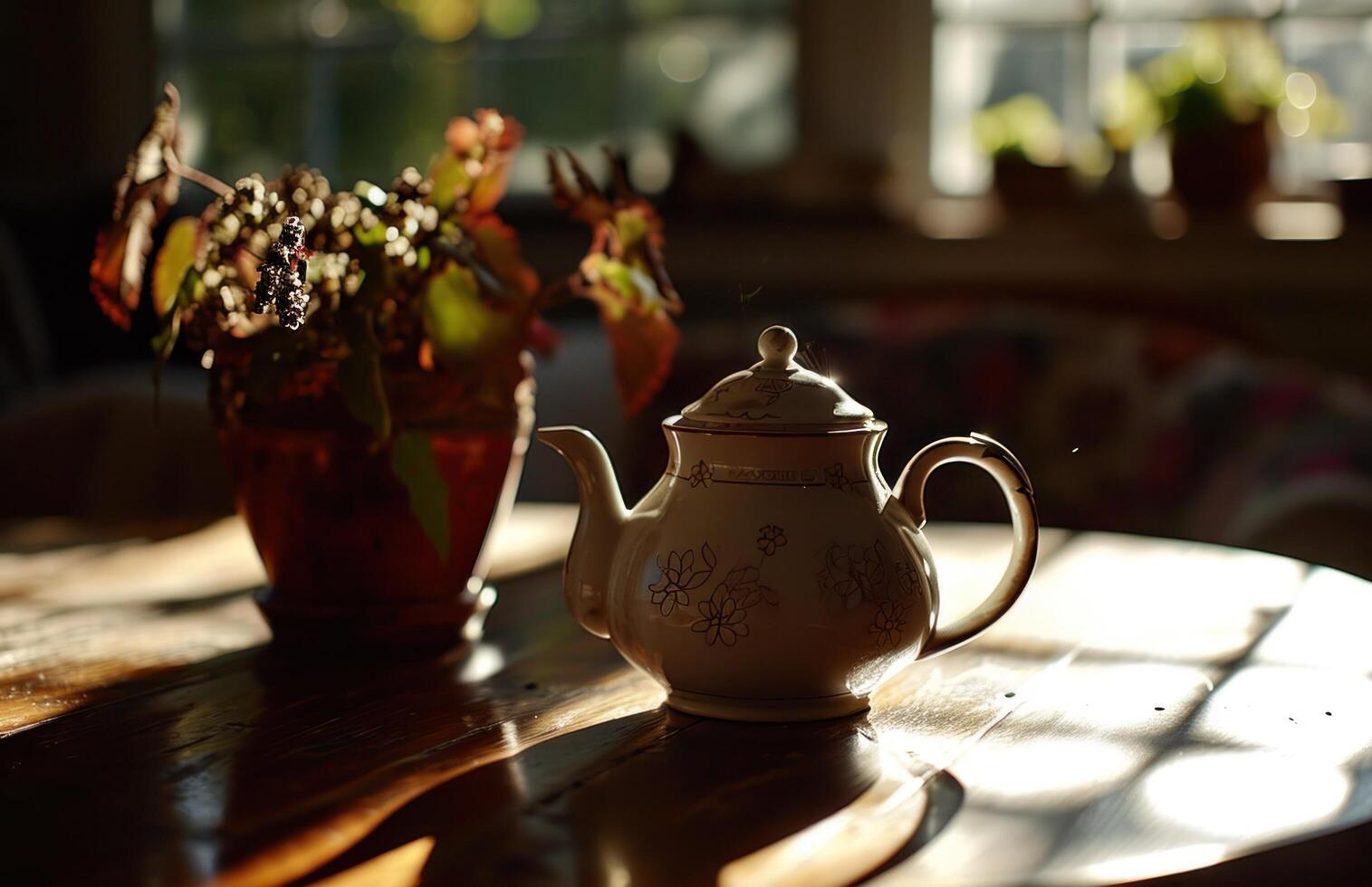 ai generado tetera terminado un mesa en el luz de sol foto