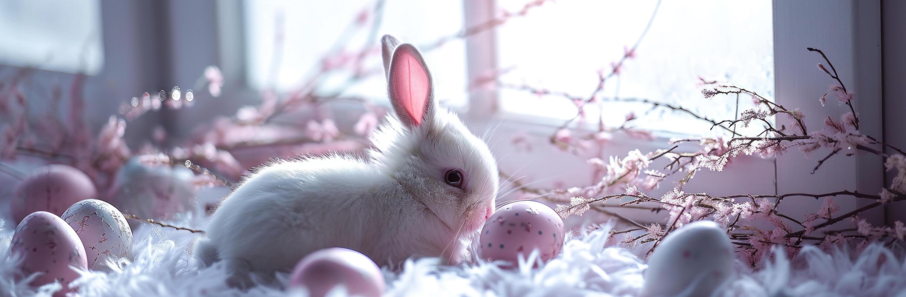 AI generated stuffed rabbit and easter eggs photo