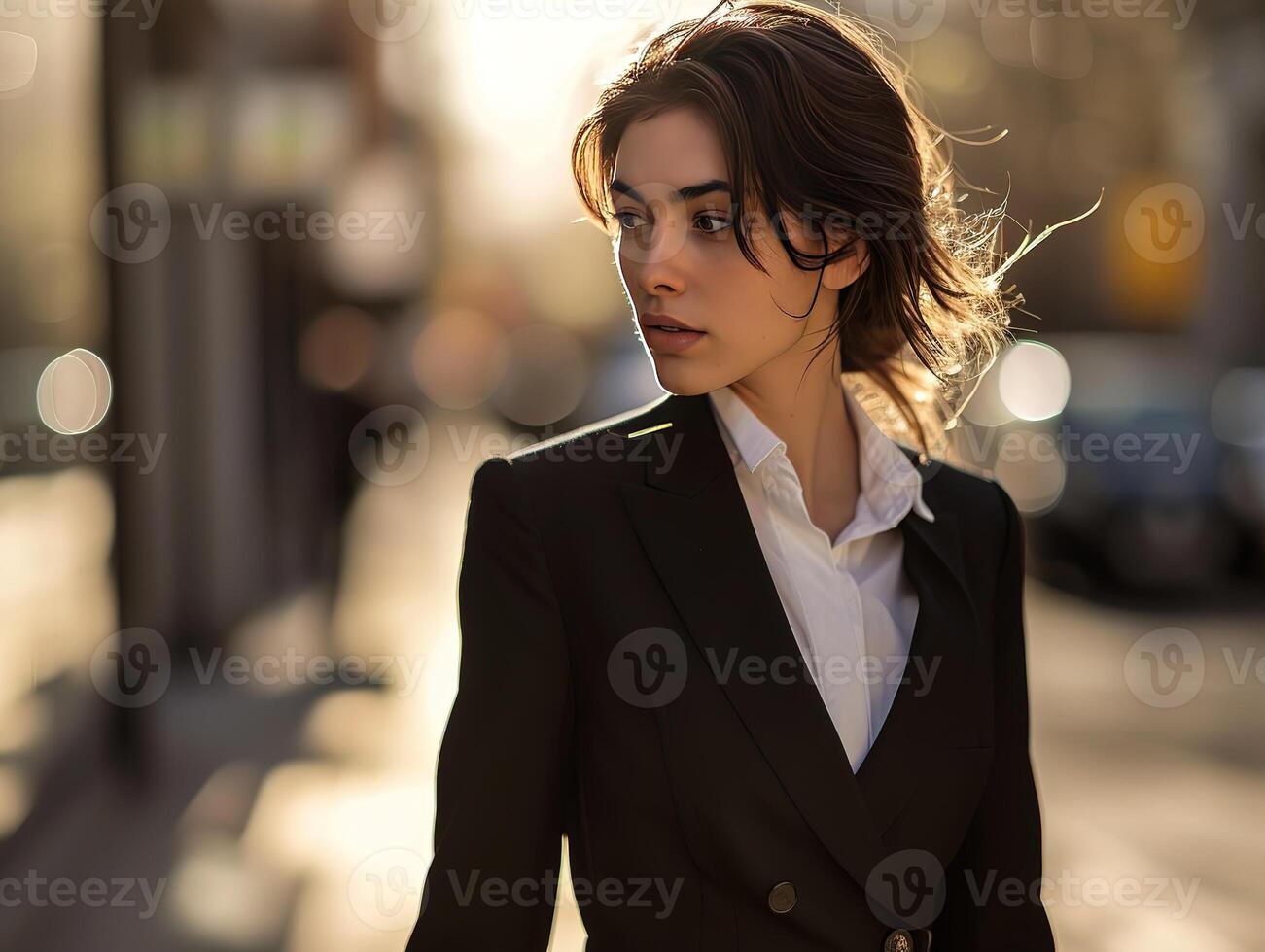 AI generated Fresh and energetic 22 year old business woman in a suit,walking street photo
