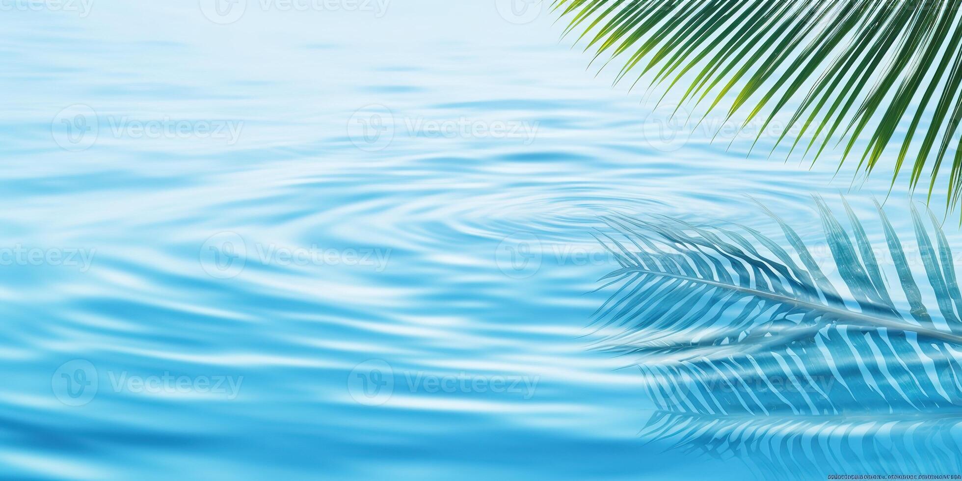 AI generated palm leaf isolated on sunny blue rippled water surface, summer beach holidays background concept with copy space photo