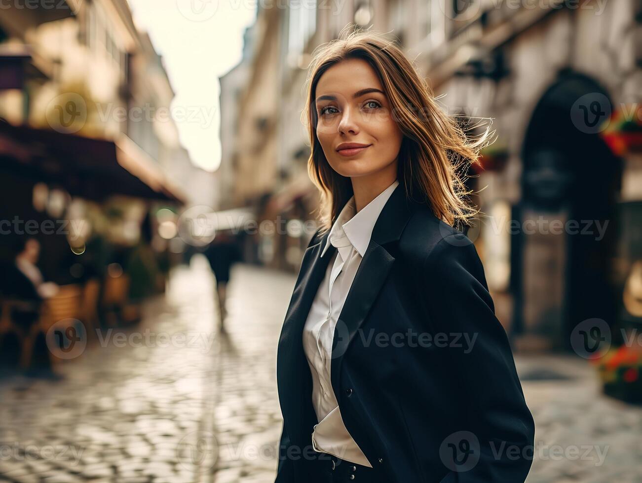 AI generated Fresh and energetic 22 year old business woman in a suit,walking street photo