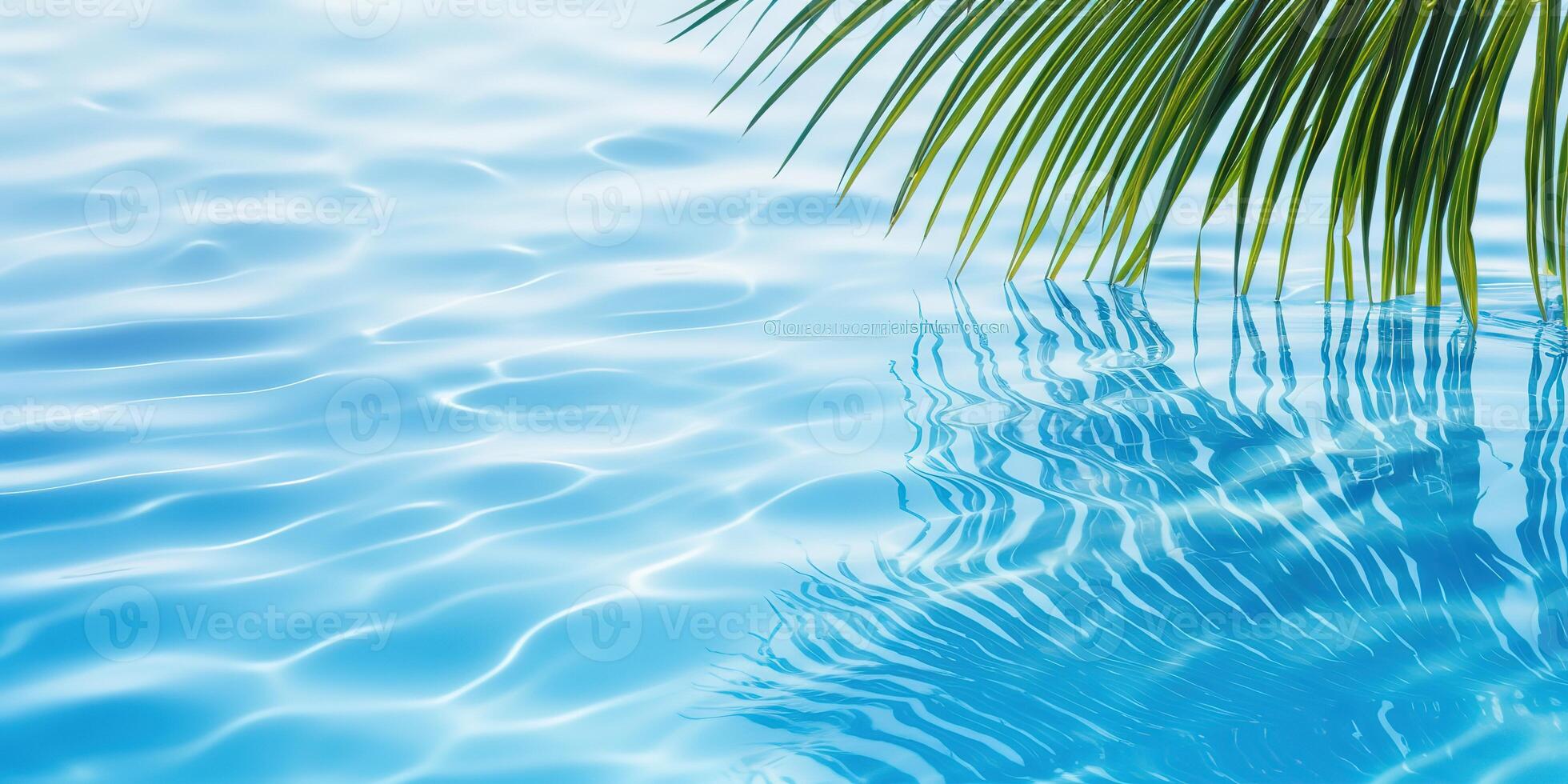 AI generated palm leaf isolated on sunny blue rippled water surface, summer beach holidays background concept with copy space photo