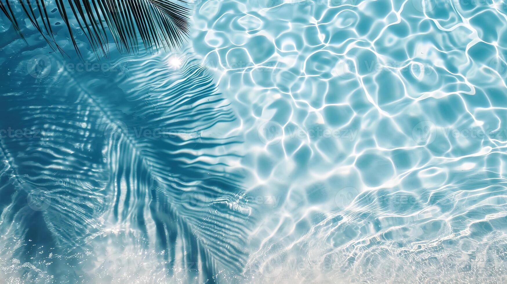 AI generated palm leaf shadow on blue water waves photo