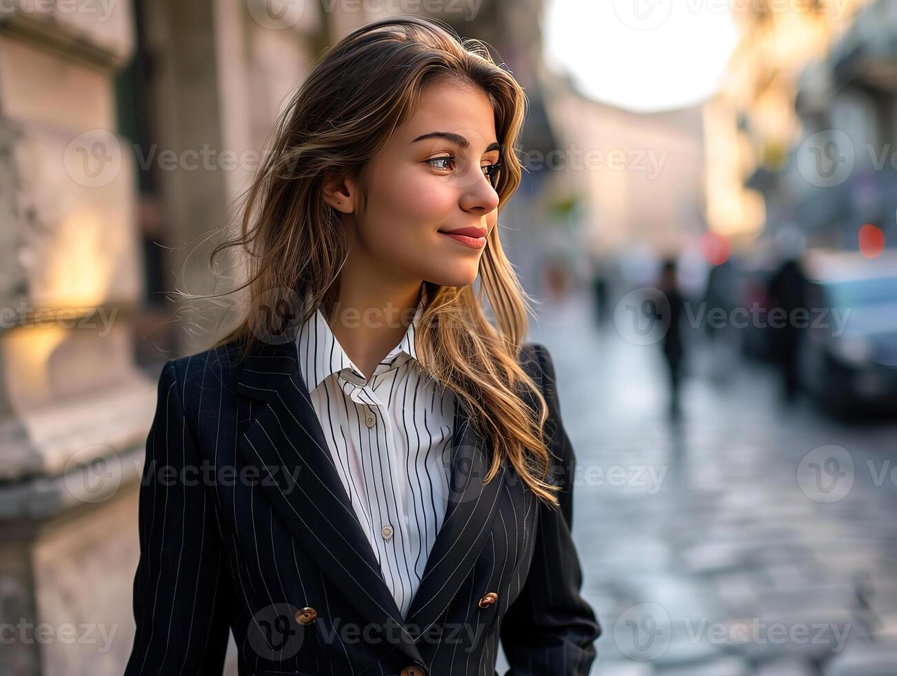 AI generated Fresh and energetic 22 year old business woman in a suit,walking street photo
