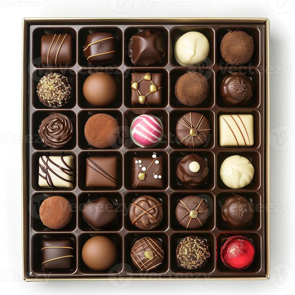 AI generated chocolate box with many chocolates photo