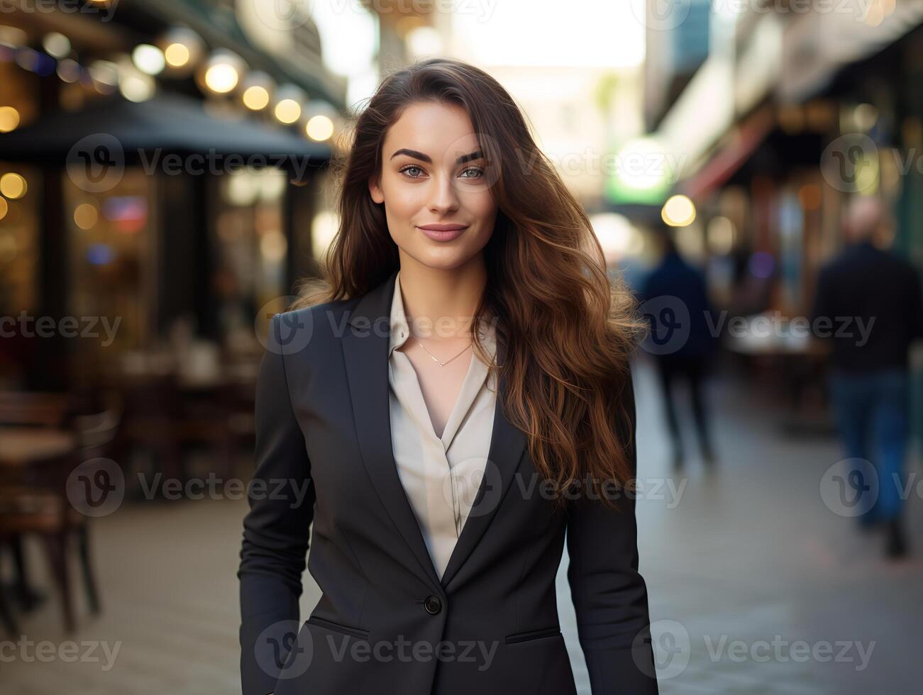 AI generated Fresh and energetic 22 year old business woman in a suit,walking street photo