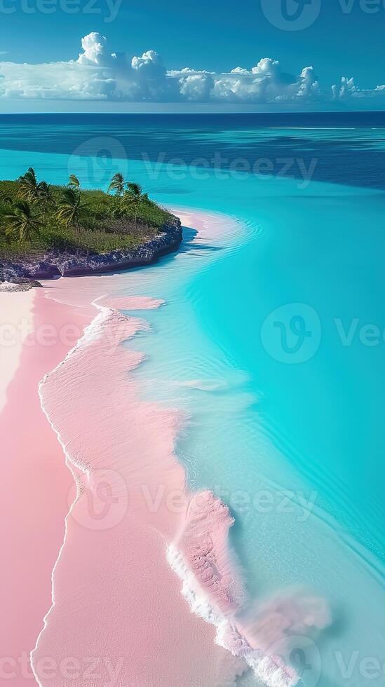 ai generado un rosado arena playa y palma arboles foto