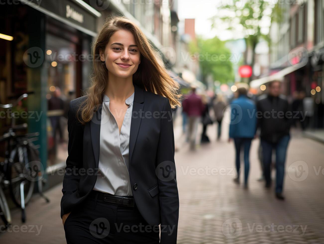 AI generated Fresh and energetic 22 year old business woman in a suit,walking street photo