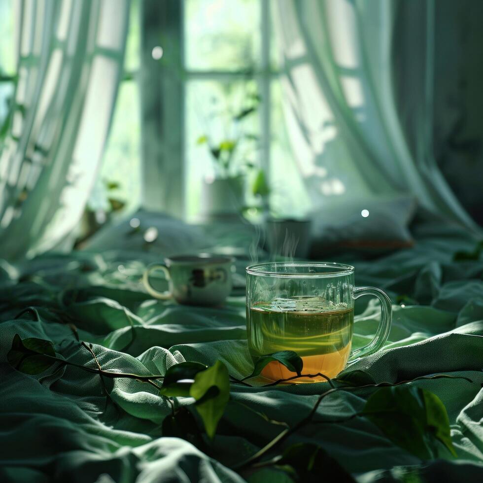 AI generated tea in mug on bed photo