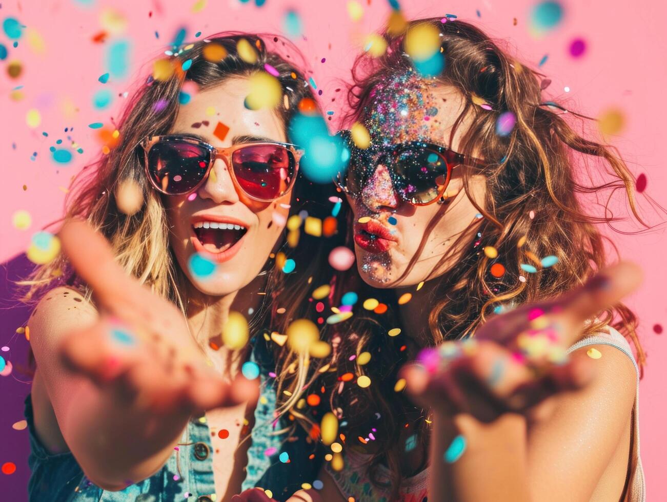 AI generated women in sunglasses and glasses on pink background blowing confetti photo