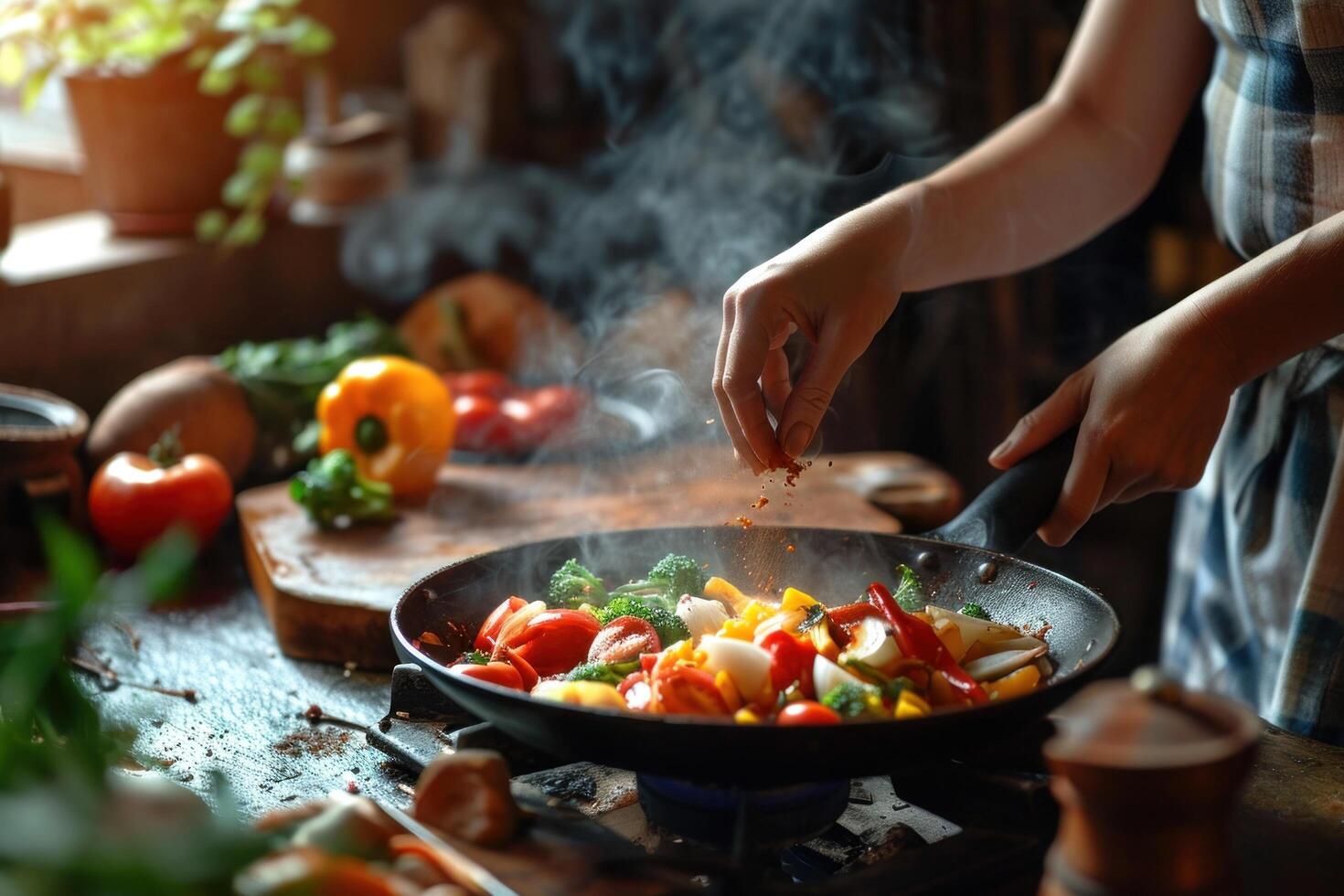 AI generated woman putting seasoning on the vegetables while stirring them photo