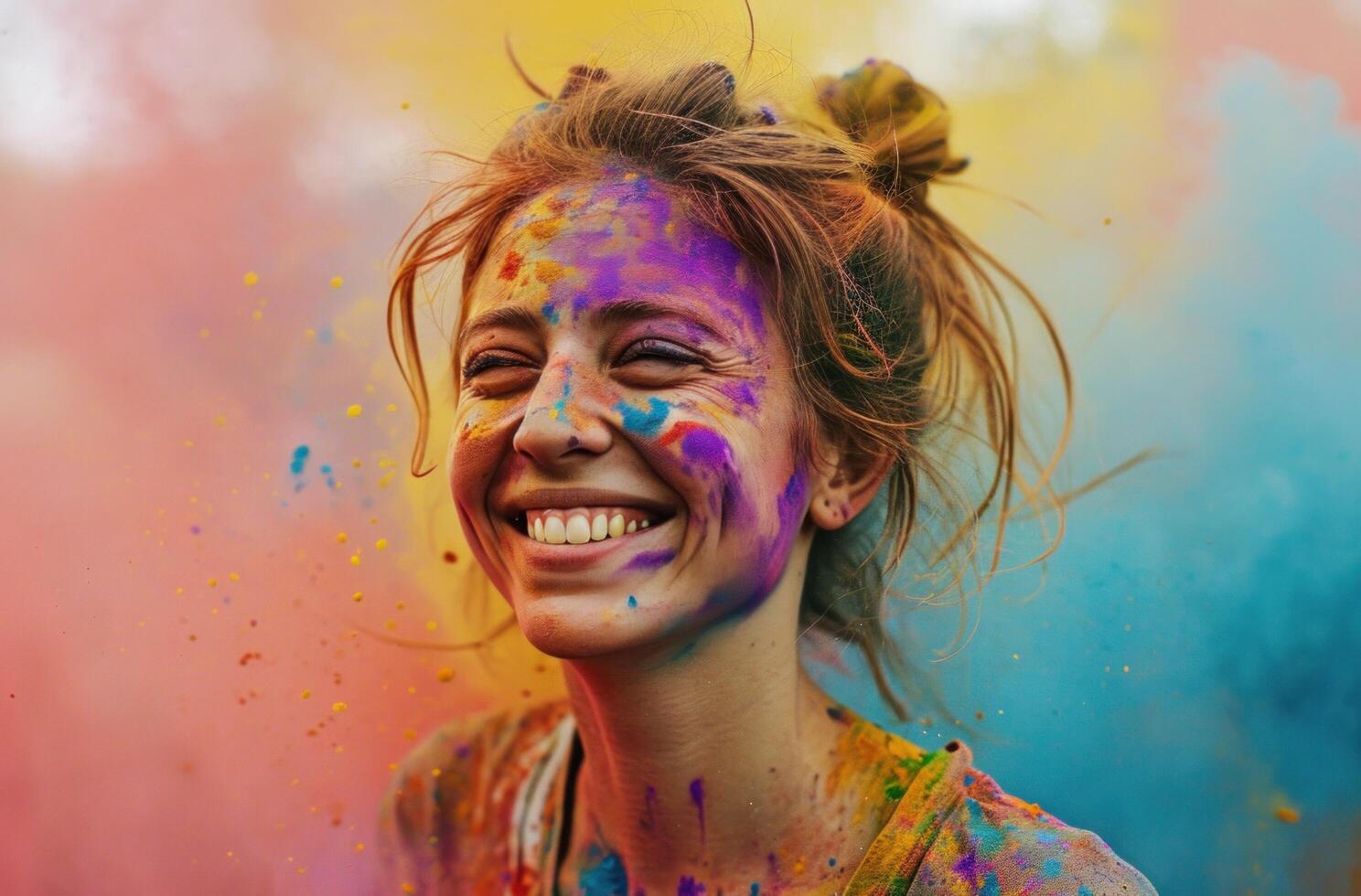 AI generated woman smiling in the colored powder in white space photo