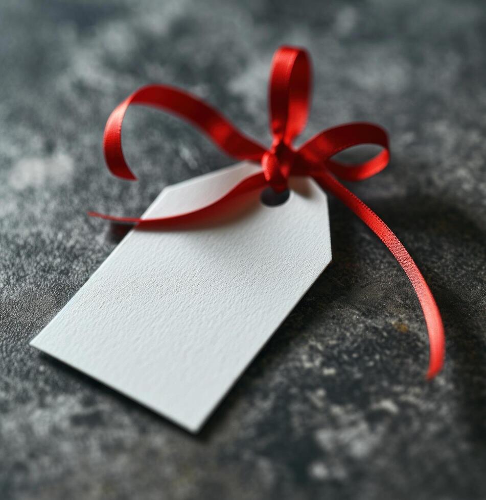 AI generated white tag with red ribbon hanging on grey photo