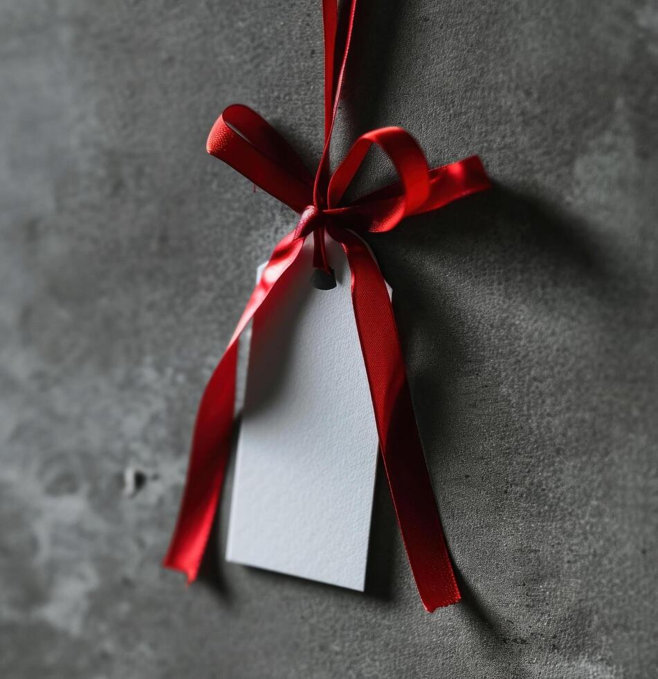 AI generated white tag with red ribbon hanging on grey photo