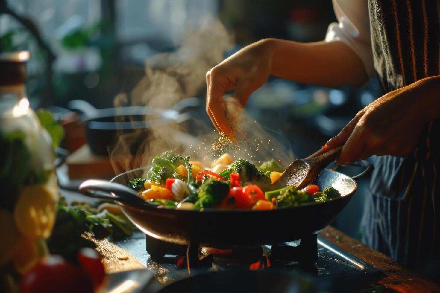 AI generated woman putting seasoning on the vegetables while stirring them photo