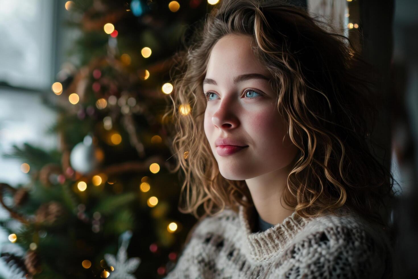 ai generado joven mujer relajante en frente de Navidad árbol foto