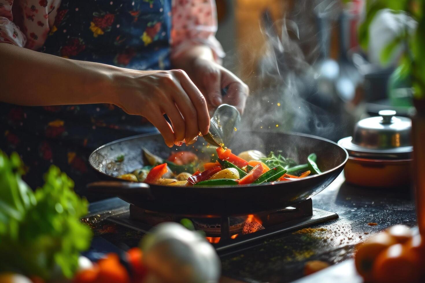 AI generated woman putting seasoning on the vegetables while stirring them photo