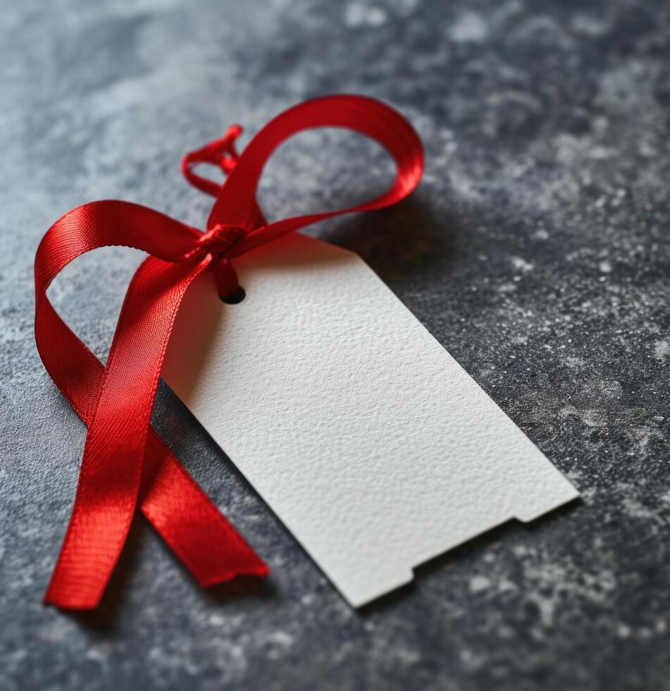 AI generated white tag with red ribbon hanging on grey photo