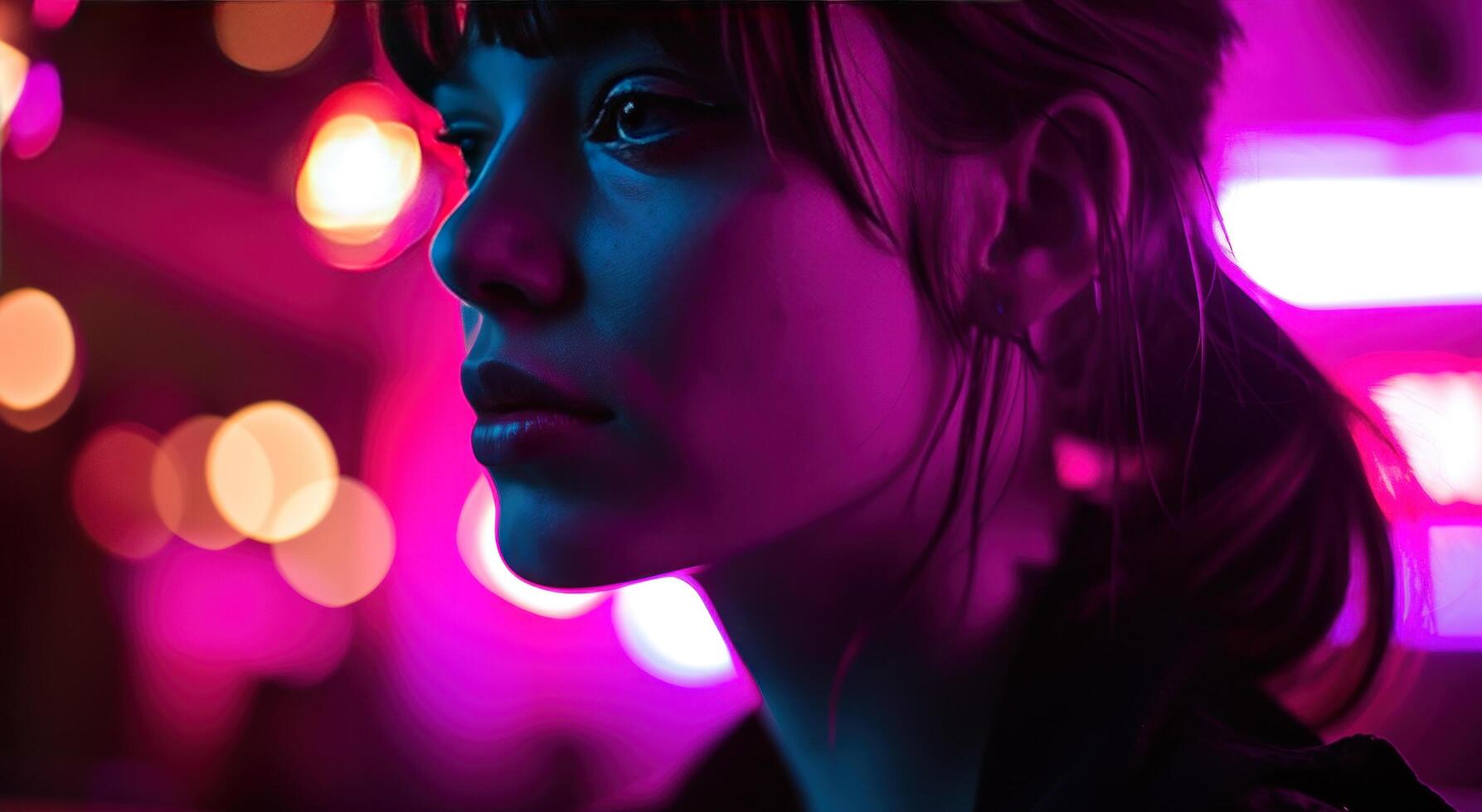 AI generated young woman at club against neon lights photo