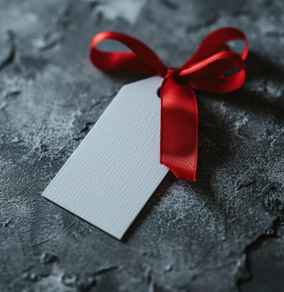 AI generated white tag with red ribbon hanging on grey photo