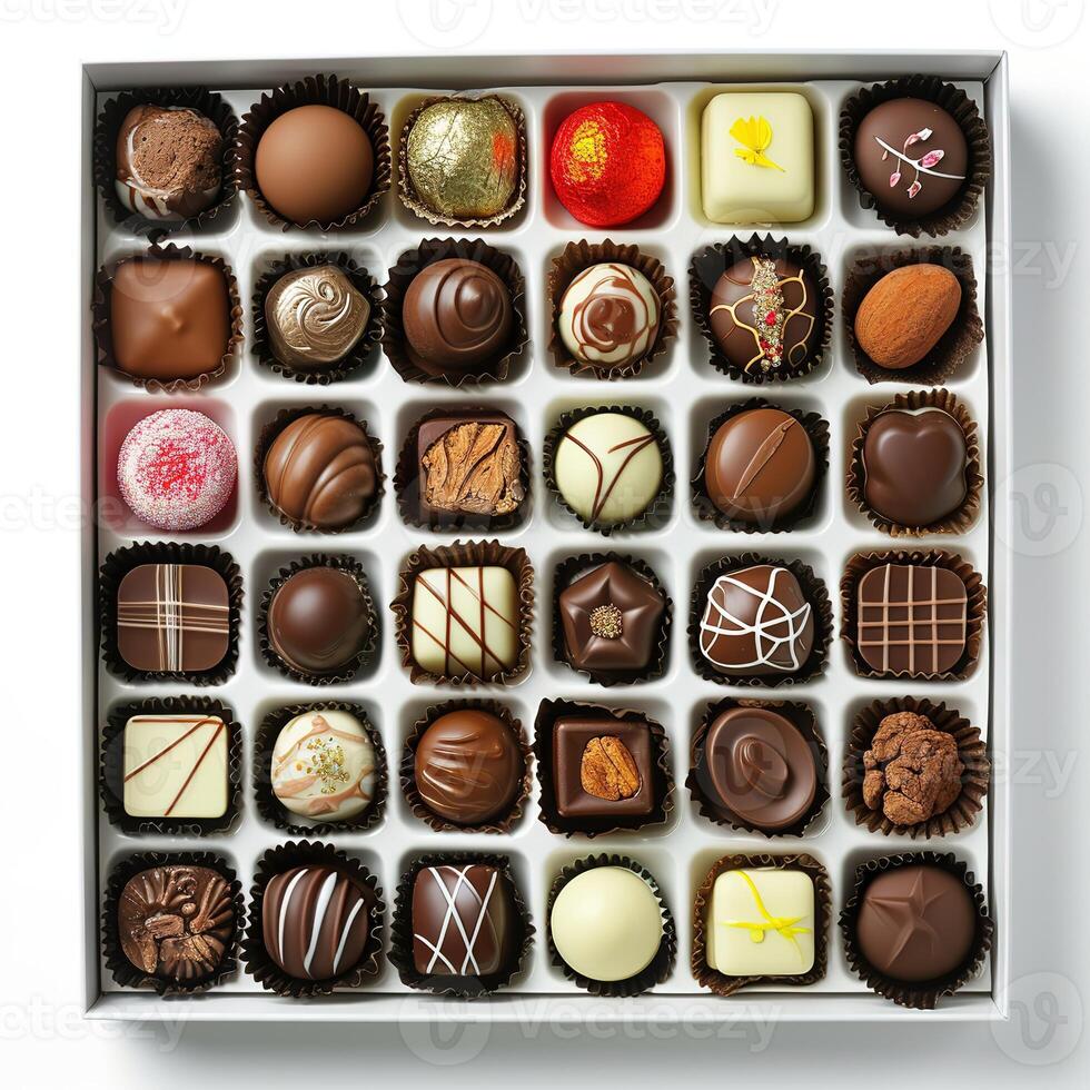 AI generated chocolate box with many chocolates photo