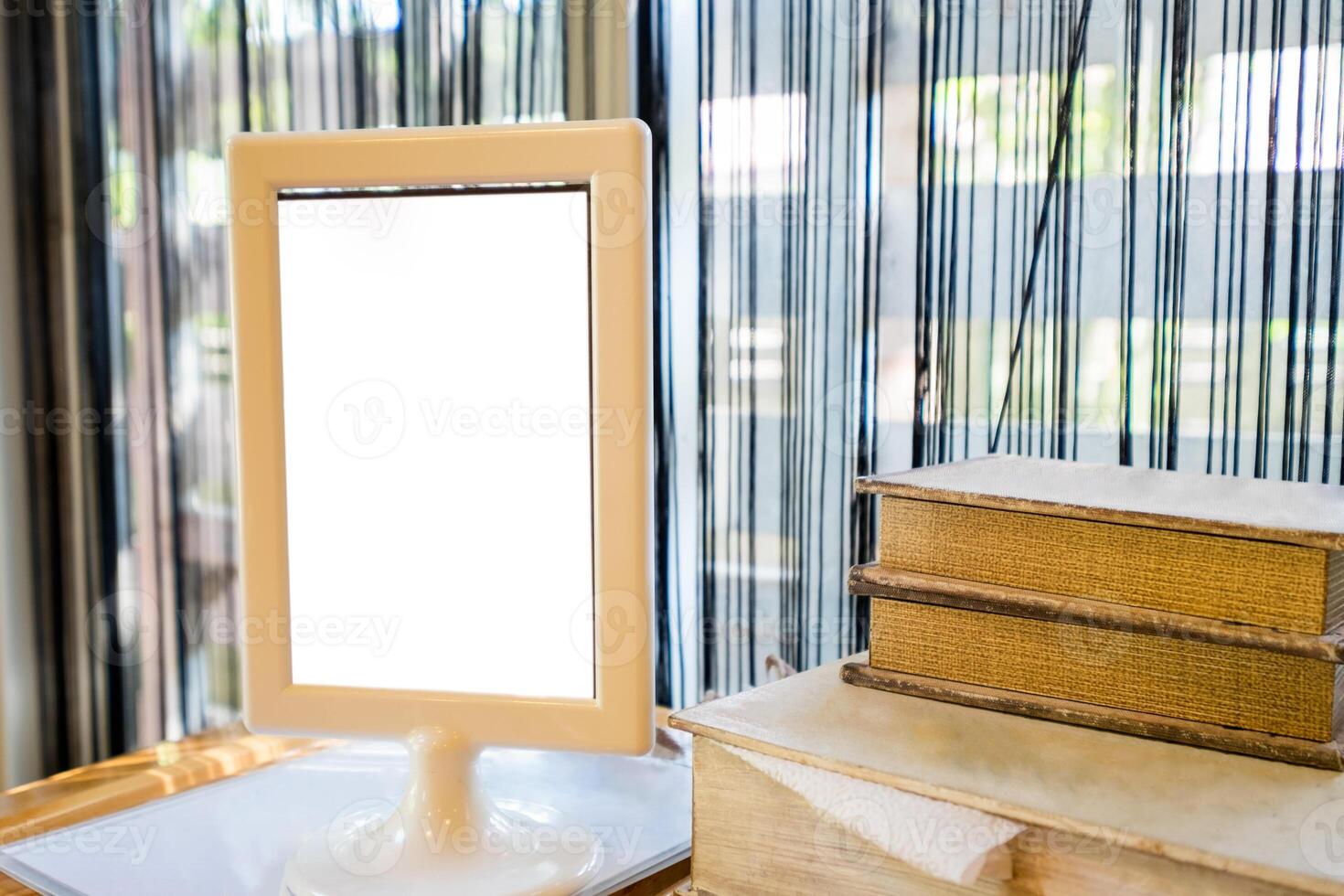 Menu label blank with book side window photo