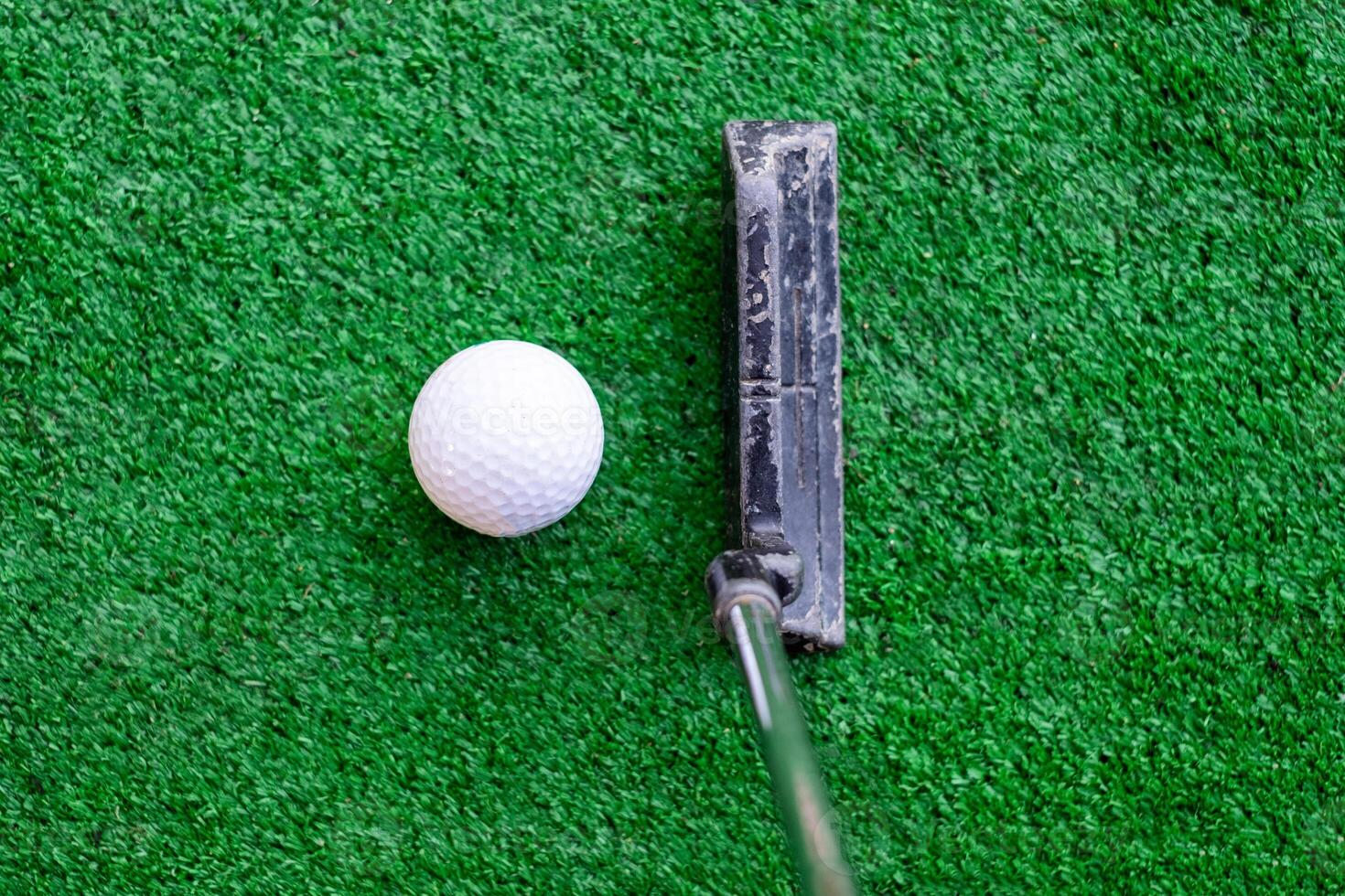 Golfer preparing on training putt with golf ball photo