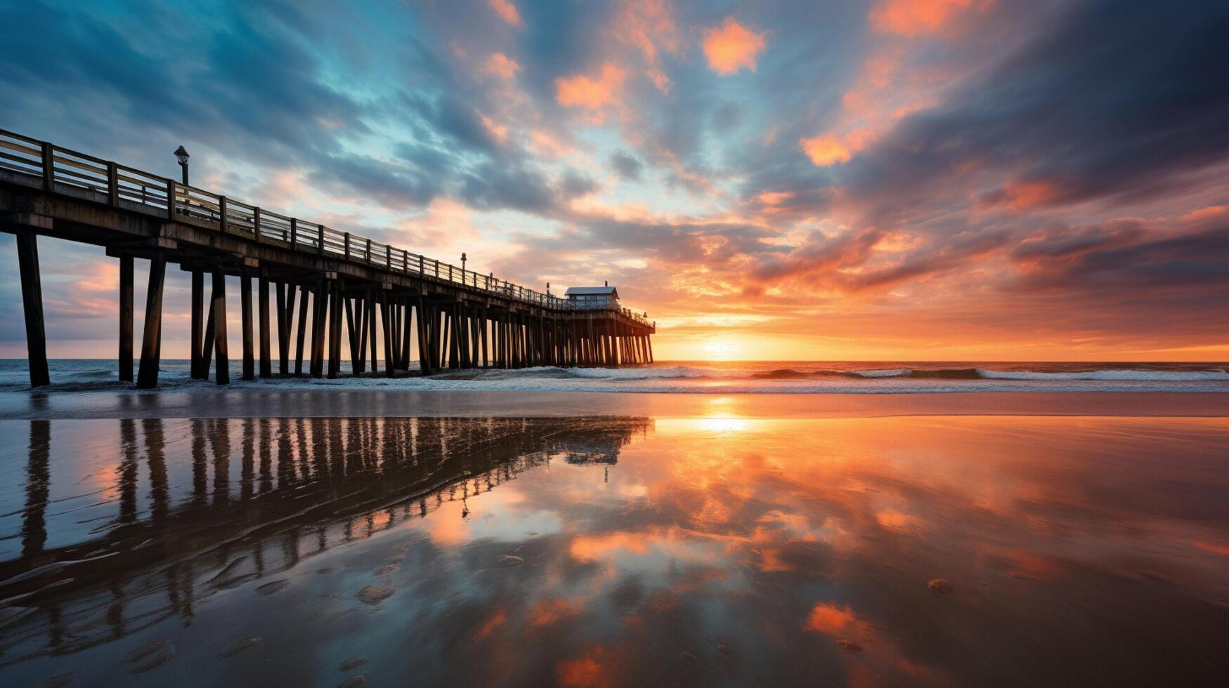 ai generado Oceano muelle reflexiones antecedentes foto