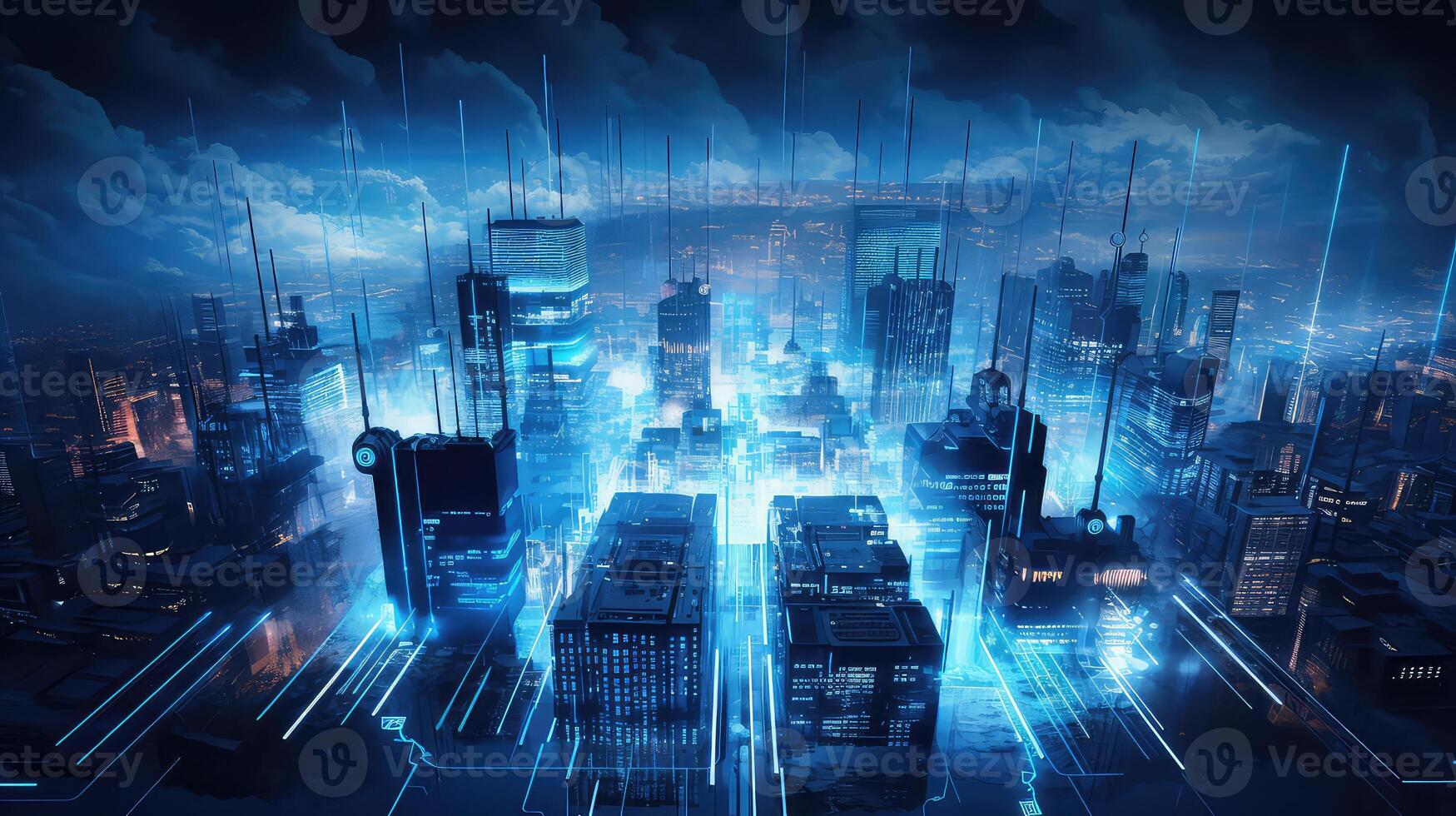 AI generated Abstract digital city background with glowing lights. Technology concept. photo