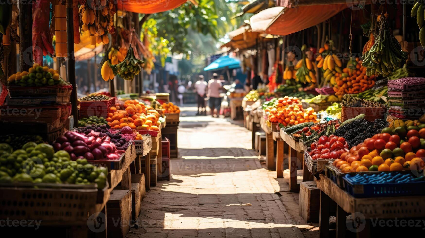 AI generated Vibrant market stalls adorned with exotic fruits, textiles and crafts. A feast of colors and textures. photo