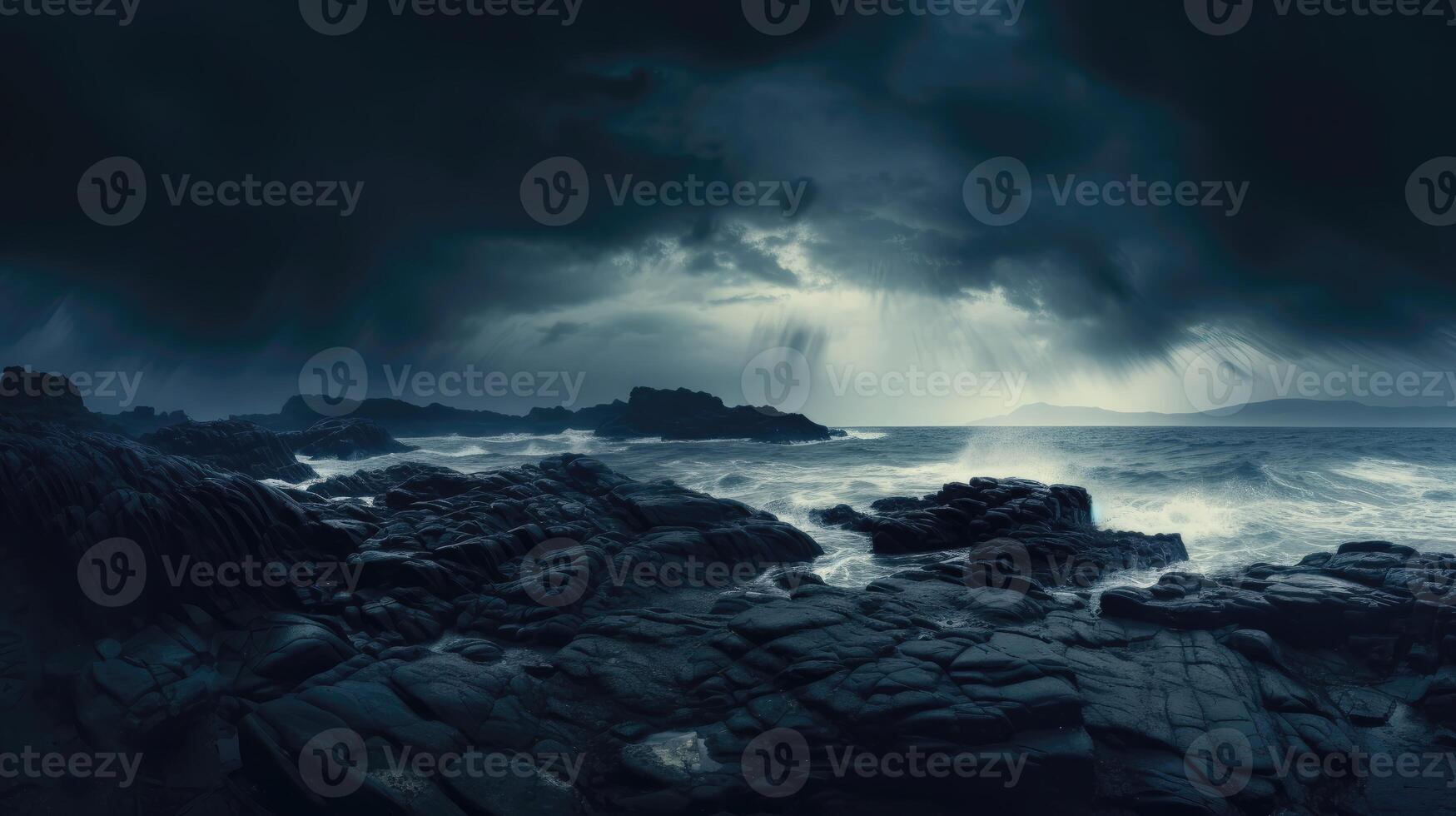 AI generated Dark clouds, swirling mist, stormy sea. photo